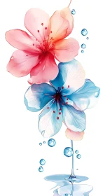 Translucent Floral Composition with Watercolor Gradient and Suspended Liquid Droplets