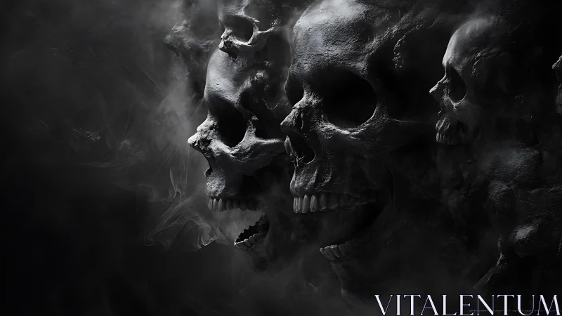 Volumetric lighting sculpts chained skulls in drifting smoke