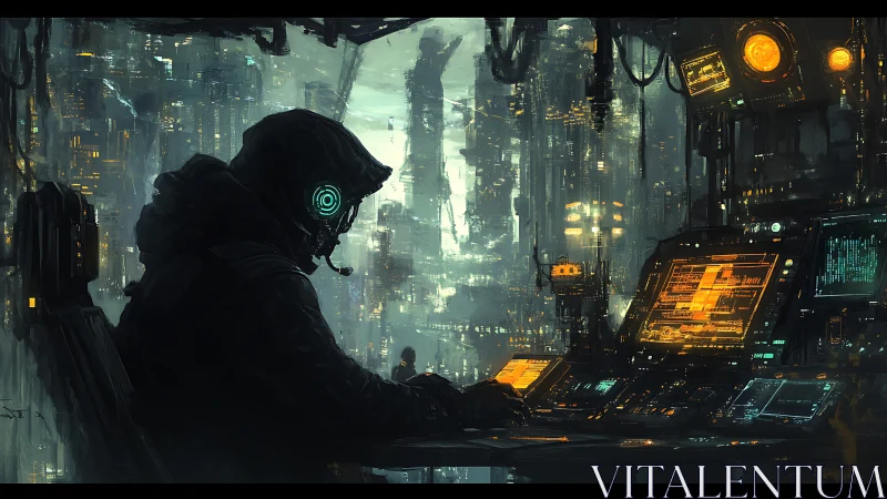 Midnight coder at a neon-drenched cyberpunk skyline desk.