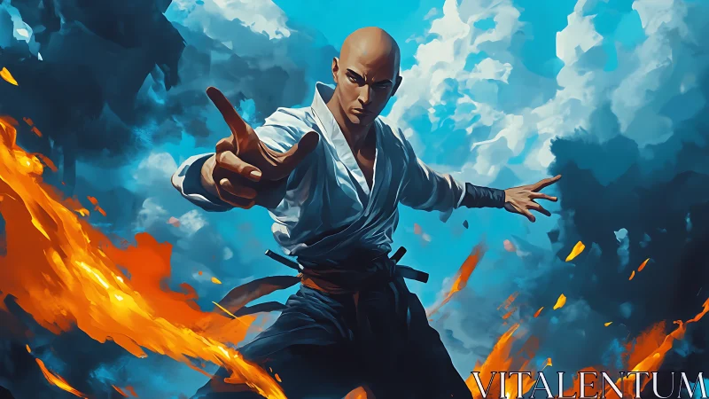 Martial artist controls swirling fire under dramatic sky.