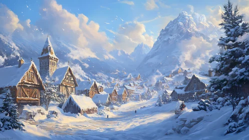 Digital painting of alpine village under luminous winter sky.