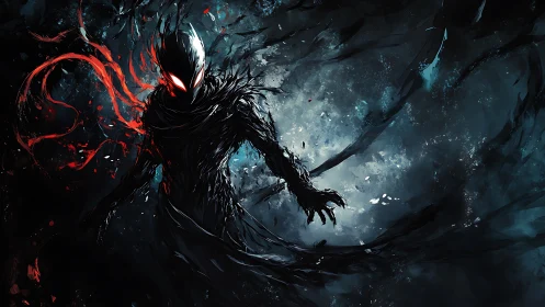 Shadow wraith emerging with crimson energy ribbons.