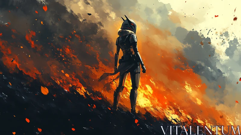 Armored lone figure surveys burning battlefield in dynamic backlight