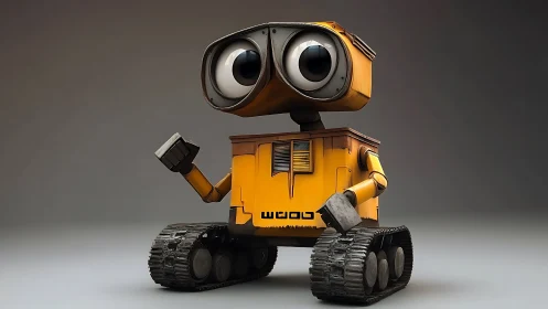 Cute yellow tracked robot with large expressive eyes.