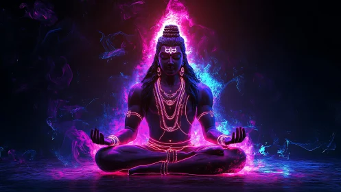 Neon-lit meditative deity in vibrant pink and blue glow.