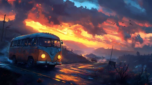 Sunset roadtrip bus cruising under wildfire painted skies.