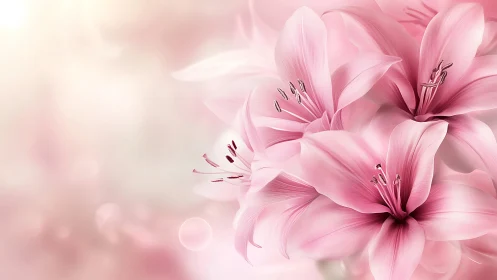 Pink lilies bloom soft against ethereal dreamscape. Period.