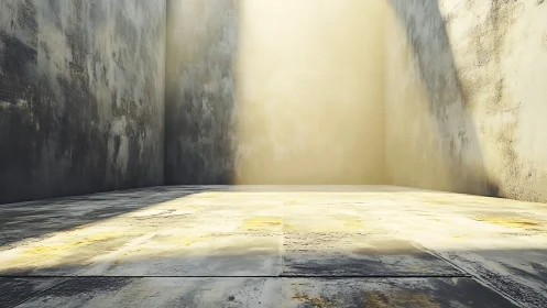 Sunlit concrete enclosure with textured walls and floor.