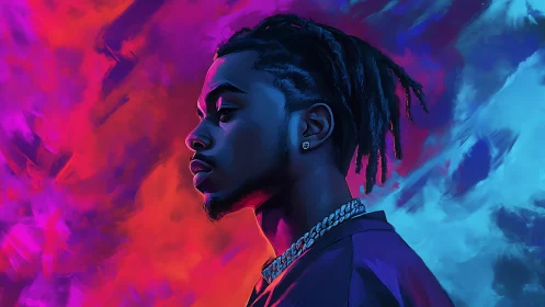 Neon portrait profile with electric magenta cyan clouds