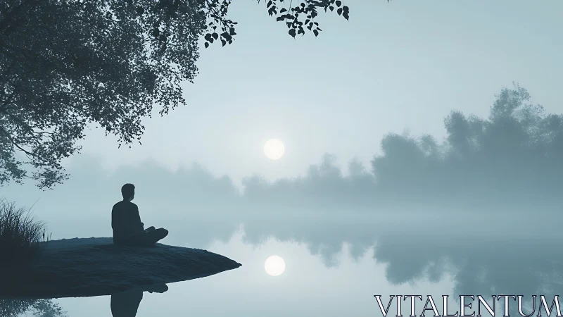 Solitary figure meditates at misty lakeshore under diffuse sunrise