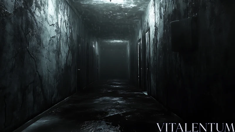 Desolate wet corridor in decayed concrete complex at night.