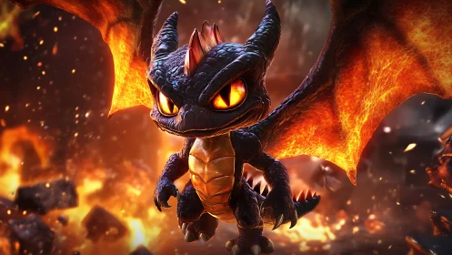 Small dragon with glowing wings amid falling embers.