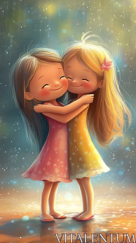 Two Sisters Embracing in Magical Luminous Setting.