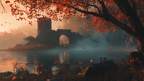 Autumn ruins breathe over misty lake of ember leaves.