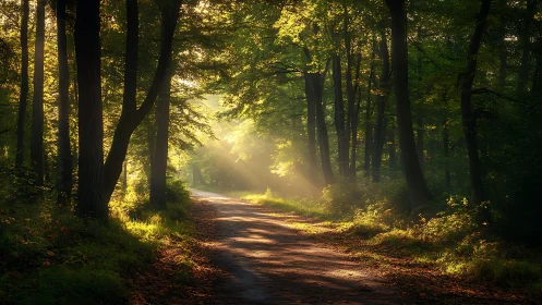 Sunlit forest path with glowing morning rays in natural style.