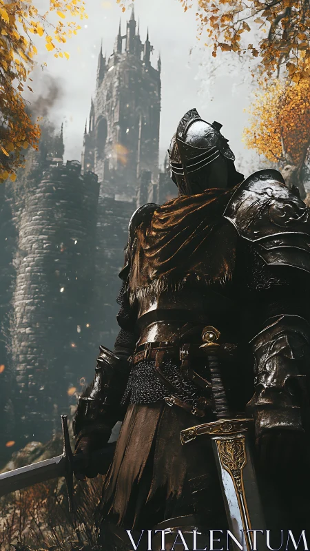 Armored knight confronts looming gothic fortress in autumn light.