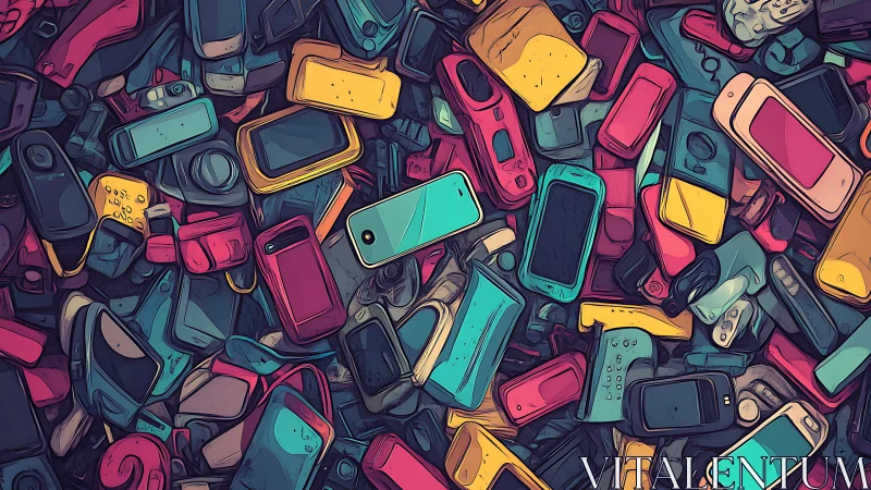 Color-saturated e-waste phones form dense chaotic mosaic.