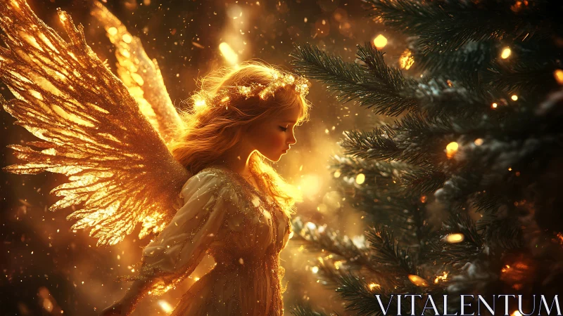 Golden angelic figure illuminates snow kissed evergreen boughs