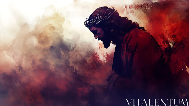 Crimson sorrow bends toward light in a sacred silhouette