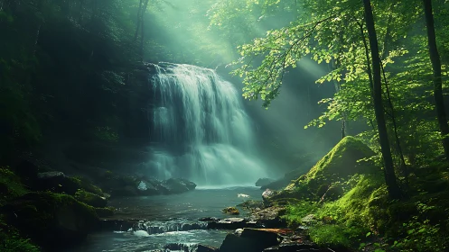 Misty waterfall cascades through ancient forest.
