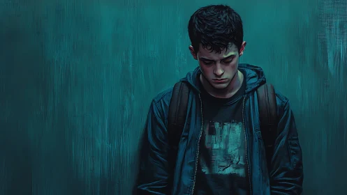 Teenage boy stands against teal wall, looking downward