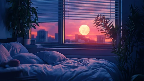 Moonlit city sunset fills cozy bedroom window view