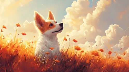 Corgi gazes across golden flower field under glowing clouds