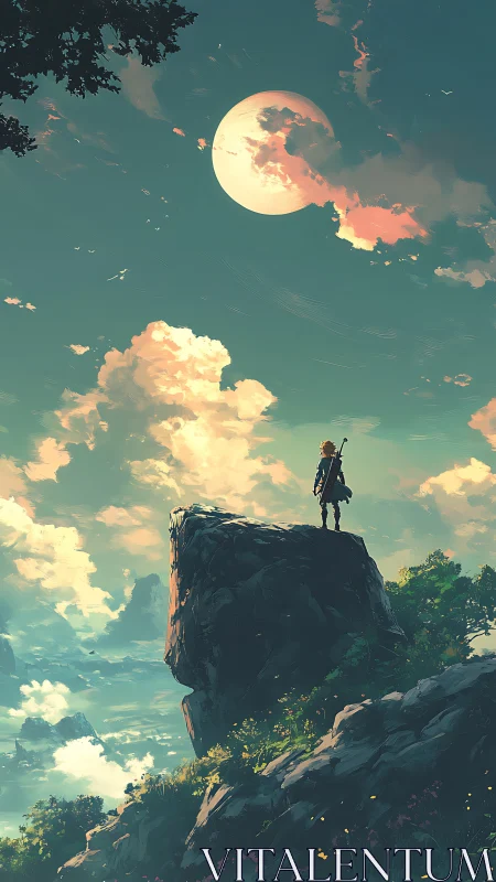 Solitary figure on cliff under large moon in soft sky.