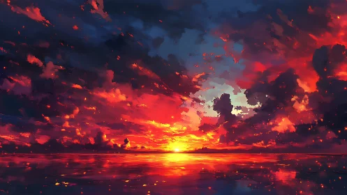Fiery ocean horizon beneath luminous digital sunset sky.