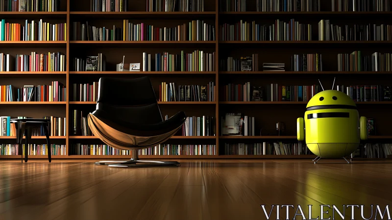 Modern library interior with chair and robot figure present.