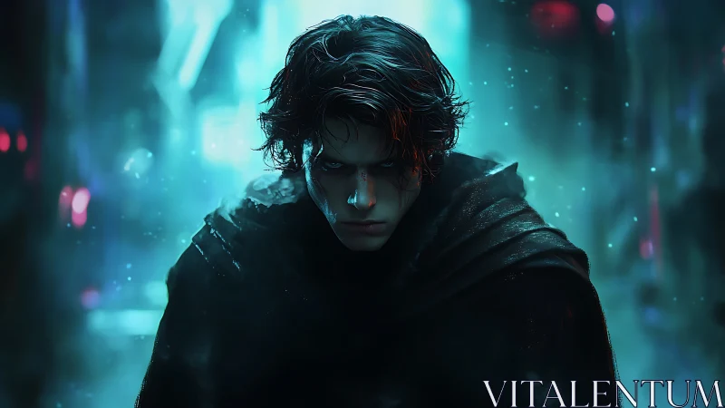 Hooded young male figure in moody blue urban environment.