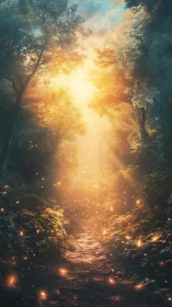Forest Path with Luminous Atmospheric Volumetric Lighting and Particle Effects