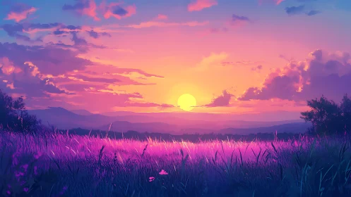 Sunset over violet grass field with distant layered hills.