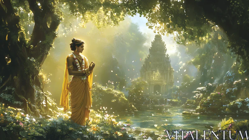 Golden robed figure stands in lush forest before temple