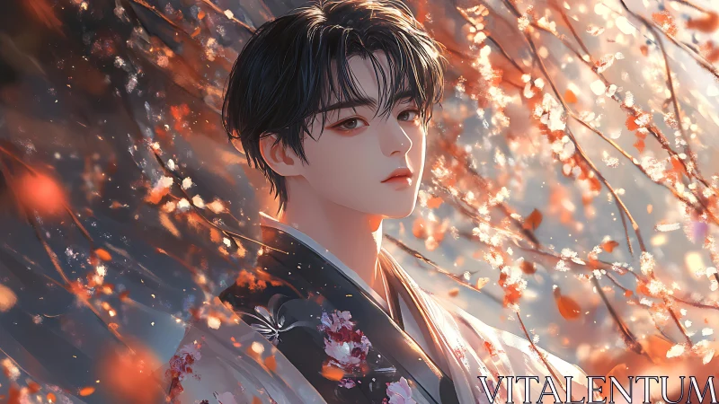 Soft-eyed wanderer listens while autumn blossoms burn quietly