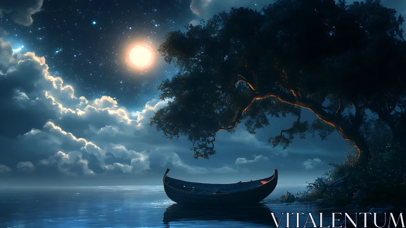 Moonlit wooden boat rests under luminous tree branches