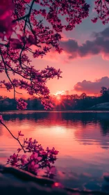 Vibrant magenta blossoms framing high-saturation lake sunset