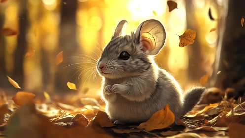 Autumn forest chinchilla study with backlit fur and foliage.
