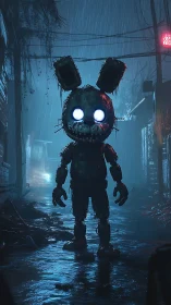 Corroded robot bunny stalks neon alley in cinematic rain.