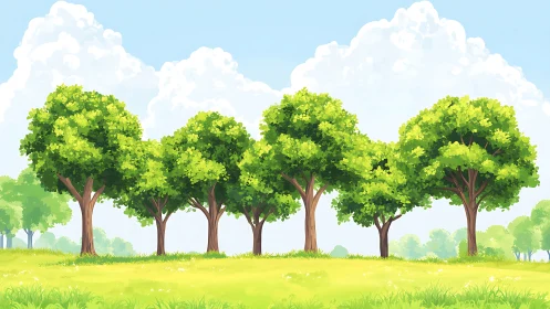 Gentle row of sunlit trees welcomes a bright summer day