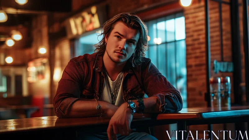 Pensive man leans on bar table in warm neon lounge