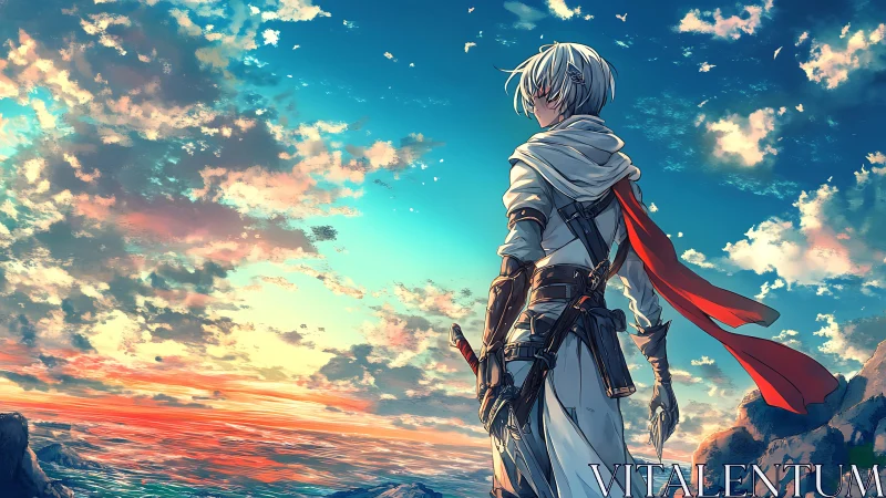 White-haired anime warrior overlooks vivid coastal sunset