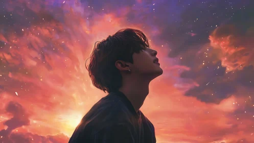 Silhouetted youth profile under radiant nebula sunset sky