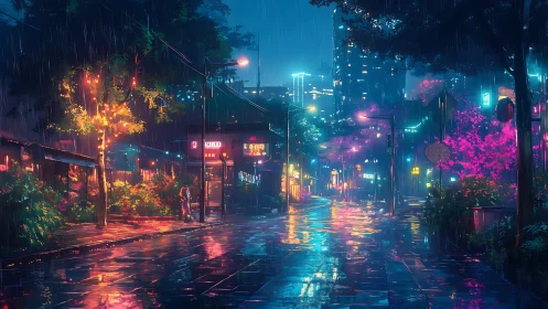 Neon lit city street reflects on wet pavement during rainfall