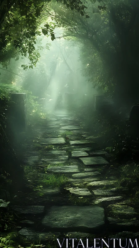 Misty stone forest path recedes under diffused volumetric light