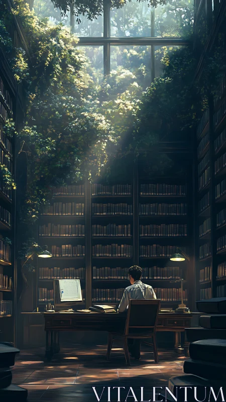Solitary researcher at desk under overgrown skylit archive canopy