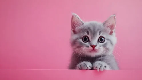 Grey Tabby Kitten Portrait Against Monochromatic Pink Background.