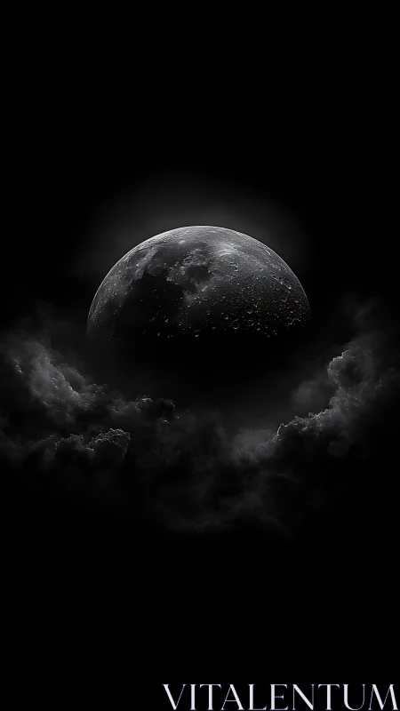 Half-lit moon rises through shadowed storm clouds at night