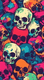 Overlapping neon skulls form dense high-contrast pop-art pattern