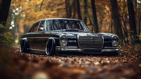 Low-slung classic Mercedes prowls through an autumn forest dream